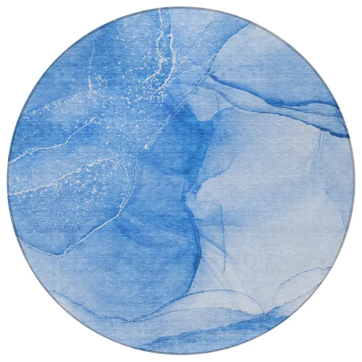 8' Blue Round Abstract Washable Indoor Outdoor Area Rug