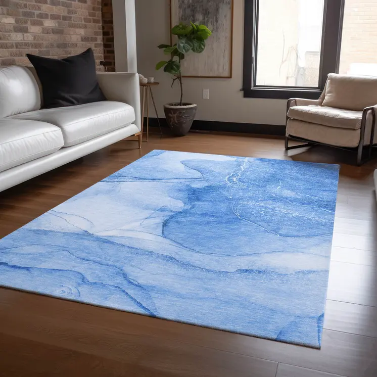 10' X 14' Blue Abstract Washable Non Skid Indoor Outdoor Area Rug