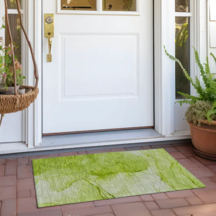 2' X 3' Green Abstract Washable Non Skid Indoor Outdoor Area Rug