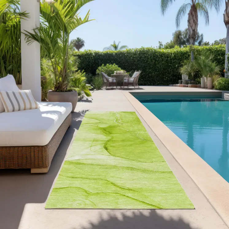 8' Runner Green Abstract Washable Non Skid Indoor Outdoor Runner Rug