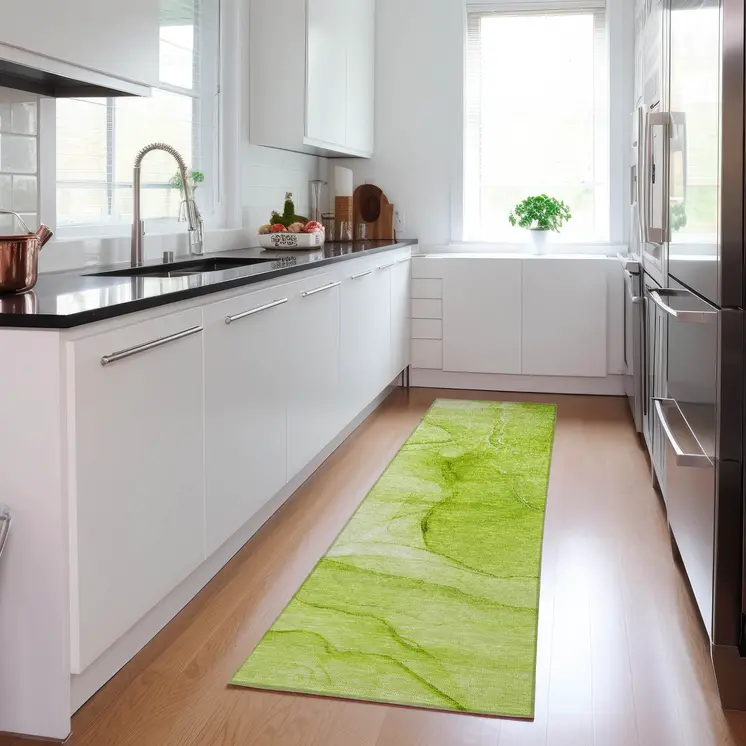 8' Runner Green Abstract Washable Non Skid Indoor Outdoor Runner Rug