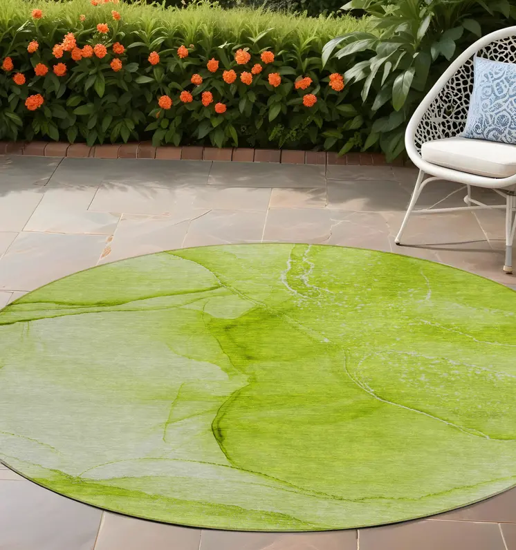 8' Round Green Round Abstract Washable Non Skid Indoor Outdoor Area Rug