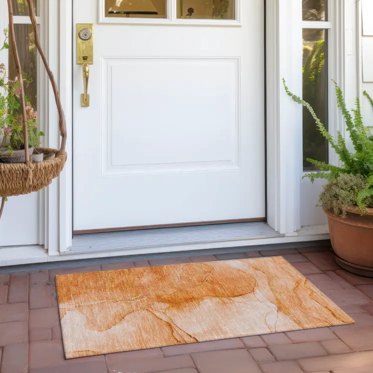 2' X 3' Orange Abstract Washable Indoor Outdoor Area Rug