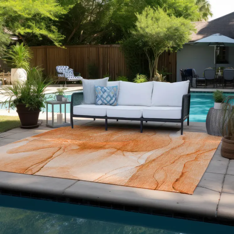 3' X 5' Orange Abstract Washable Non Skid Indoor Outdoor Area Rug