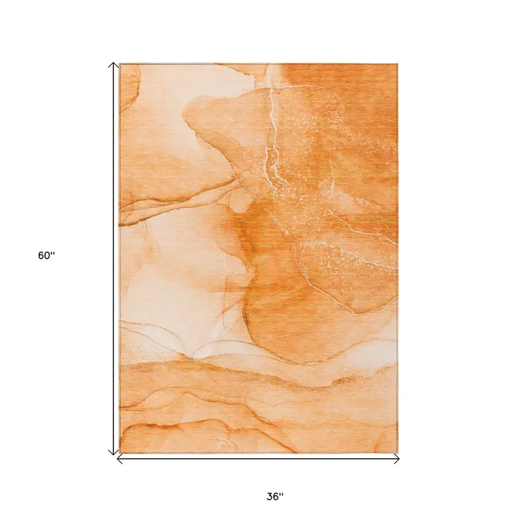 3' X 5' Orange Abstract Washable Non Skid Indoor Outdoor Area Rug