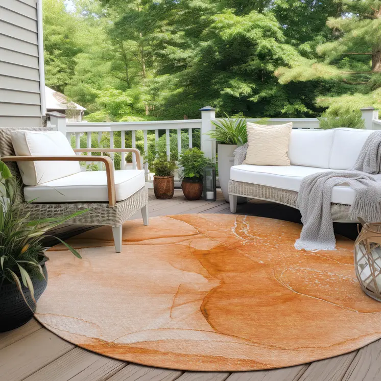 8' Round Orange Round Abstract Washable Non Skid Indoor Outdoor Area Rug