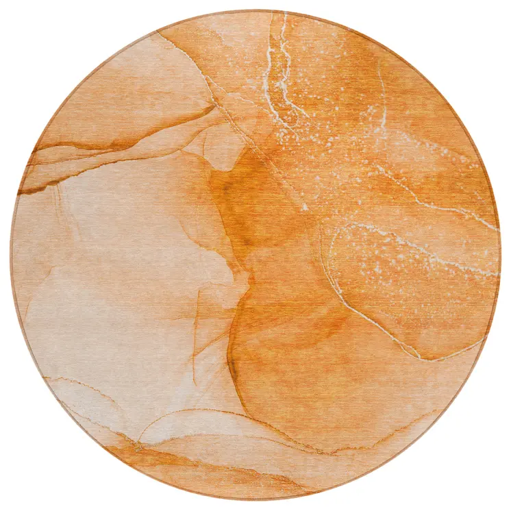 8' Round Orange Round Abstract Washable Non Skid Indoor Outdoor Area Rug