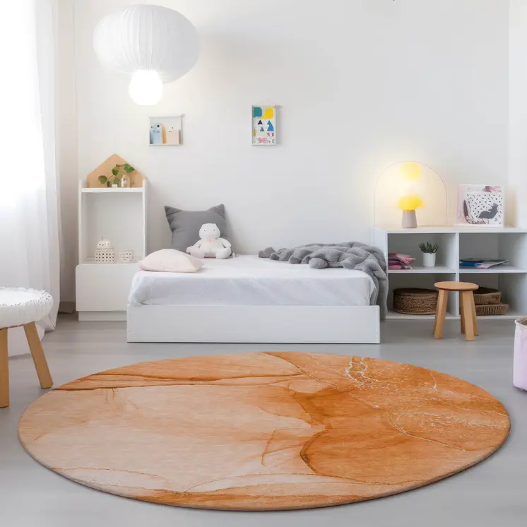 8' Round Orange Round Abstract Washable Non Skid Indoor Outdoor Area Rug