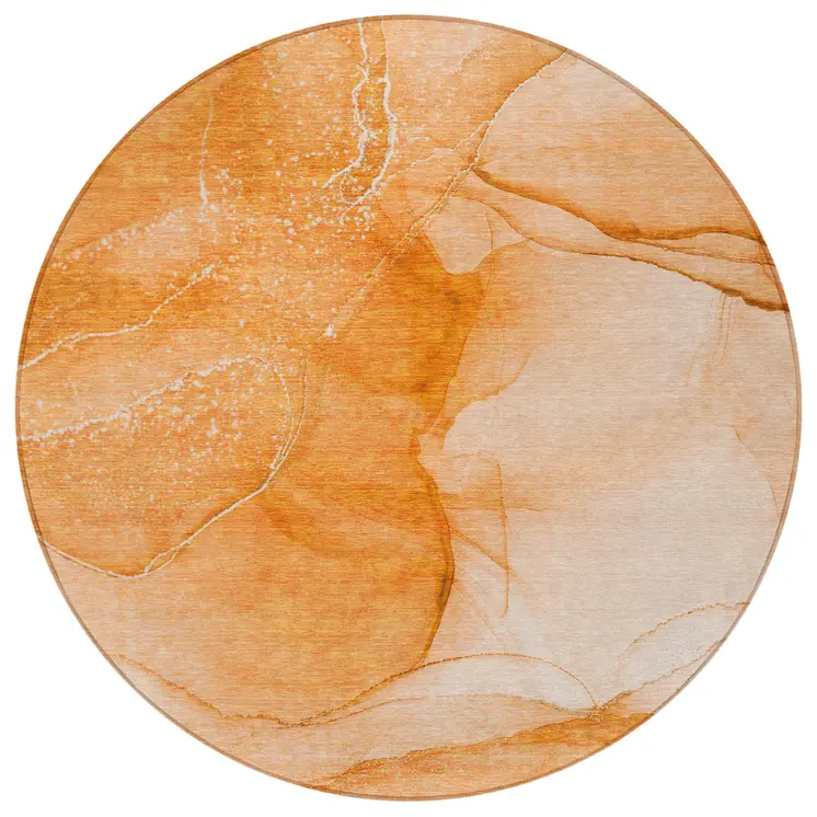 8' Round Orange Round Abstract Washable Non Skid Indoor Outdoor Area Rug