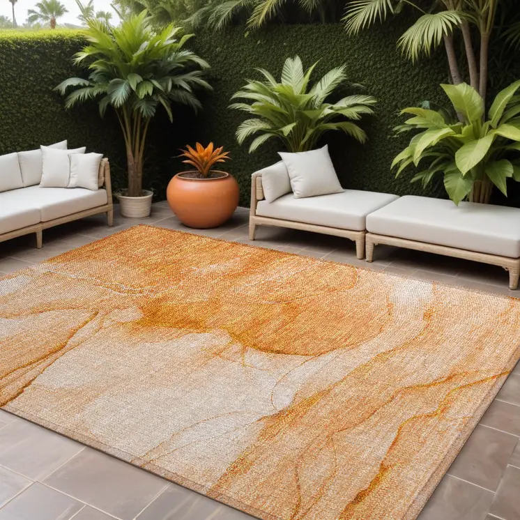 10' X 14' Orange Abstract Washable Non Skid Indoor Outdoor Area Rug