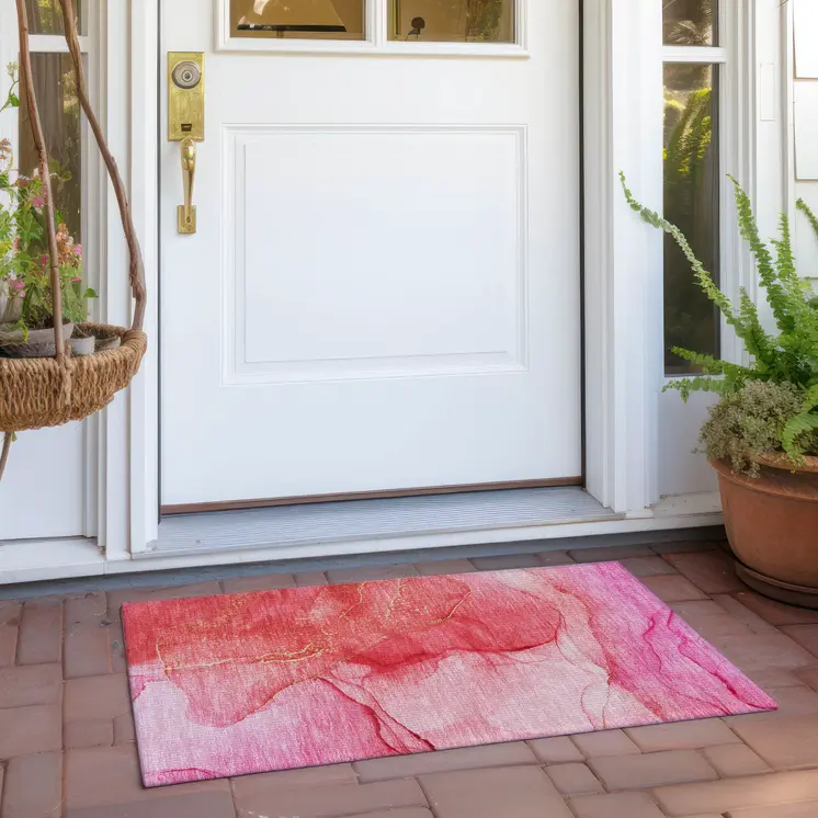 2' X 3' Pink Abstract Washable Indoor Outdoor Area Rug
