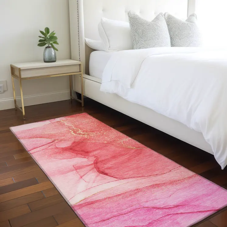 2' X 8' Pink Abstract Washable Non Skid Indoor Outdoor Runner Rug