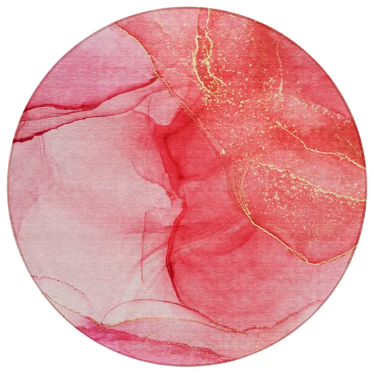 8' Pink Round Abstract Washable Indoor Outdoor Area Rug