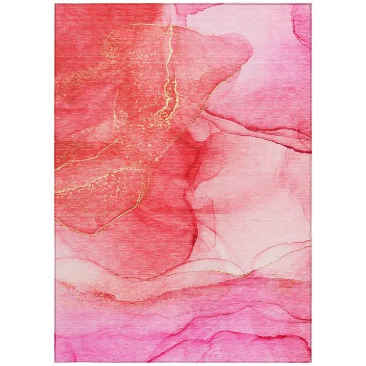 9' X 12' Pink Abstract Washable Non Skid Indoor Outdoor Area Rug