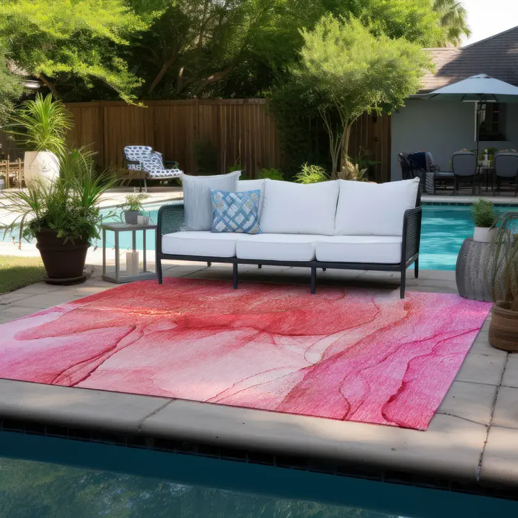 9' X 12' Pink Abstract Washable Non Skid Indoor Outdoor Area Rug