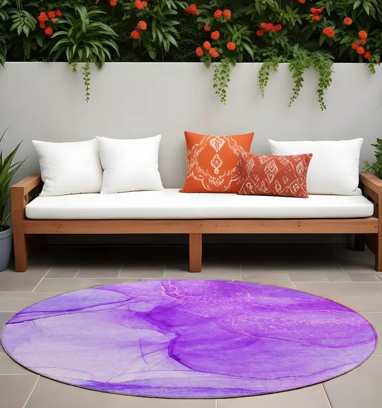 8' Round Purple Round Abstract Washable Non Skid Indoor Outdoor Area Rug