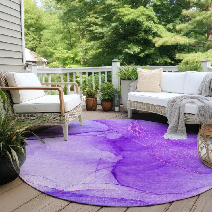 8' Round Purple Round Abstract Washable Non Skid Indoor Outdoor Area Rug