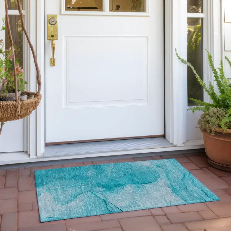 2' X 3' Teal Abstract Washable Non Skid Indoor Outdoor Area Rug