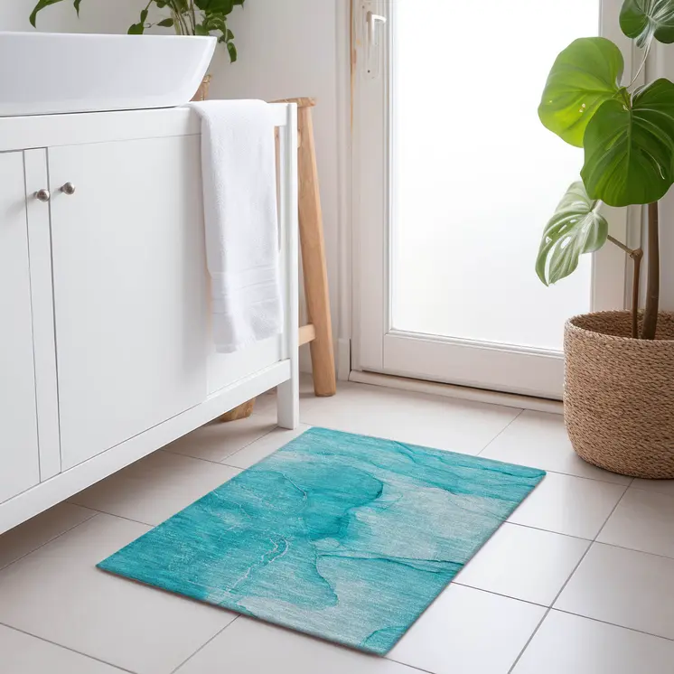 2' X 3' Teal Abstract Washable Non Skid Indoor Outdoor Area Rug