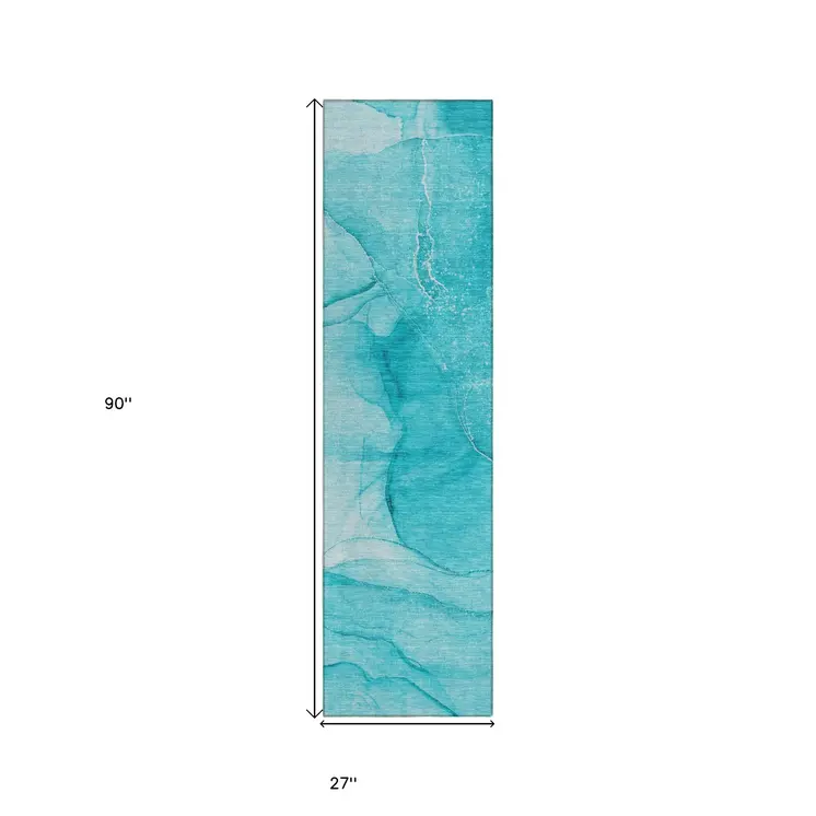 8' Runner Teal Abstract Washable Non Skid Indoor Outdoor Runner Rug