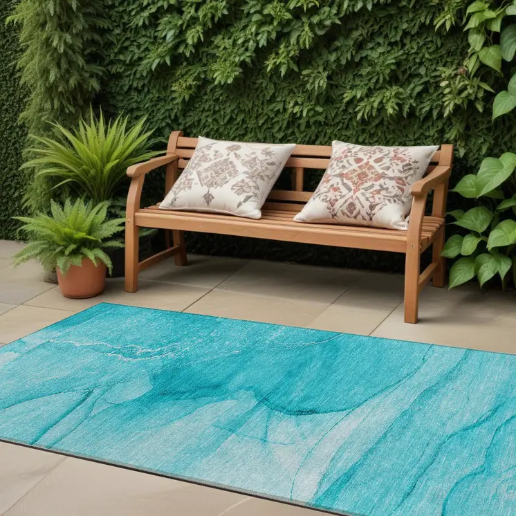 8' Runner Teal Abstract Washable Non Skid Indoor Outdoor Runner Rug