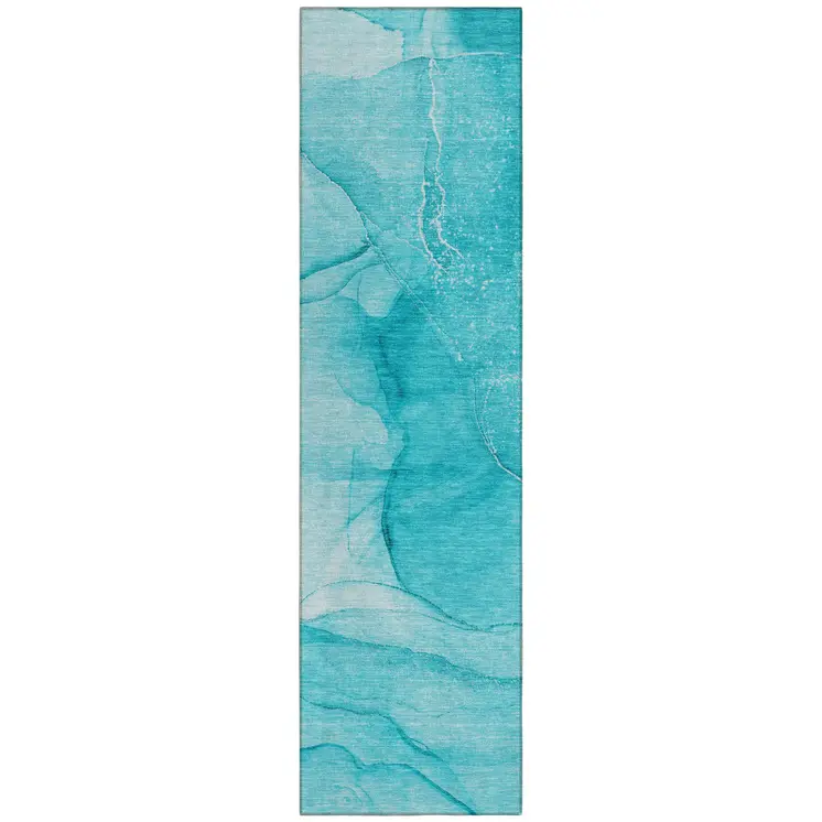 8' Runner Teal Abstract Washable Non Skid Indoor Outdoor Runner Rug