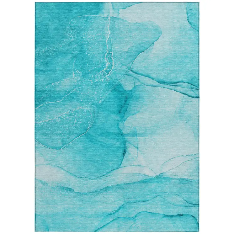 5' X 8' Teal Abstract Washable Non Skid Indoor Outdoor Area Rug
