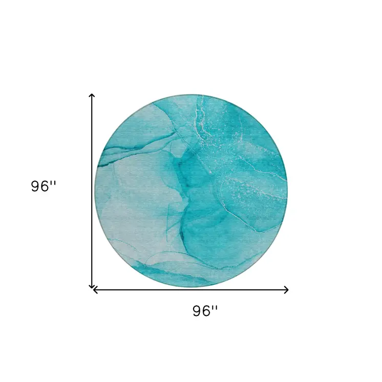 8' Round Teal Round Abstract Washable Non Skid Indoor Outdoor Area Rug