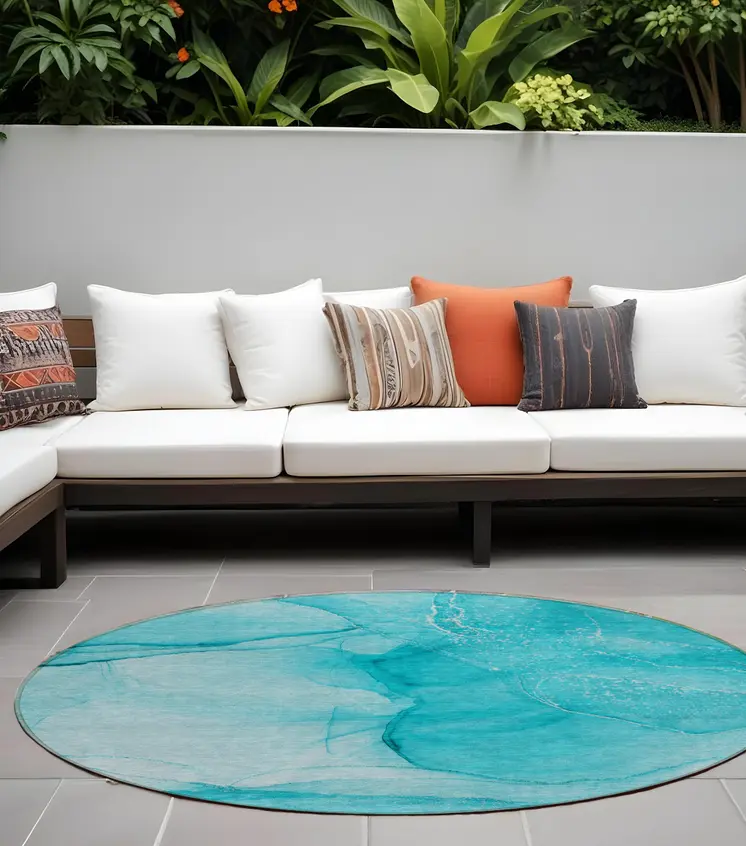 8' Round Teal Round Abstract Washable Non Skid Indoor Outdoor Area Rug