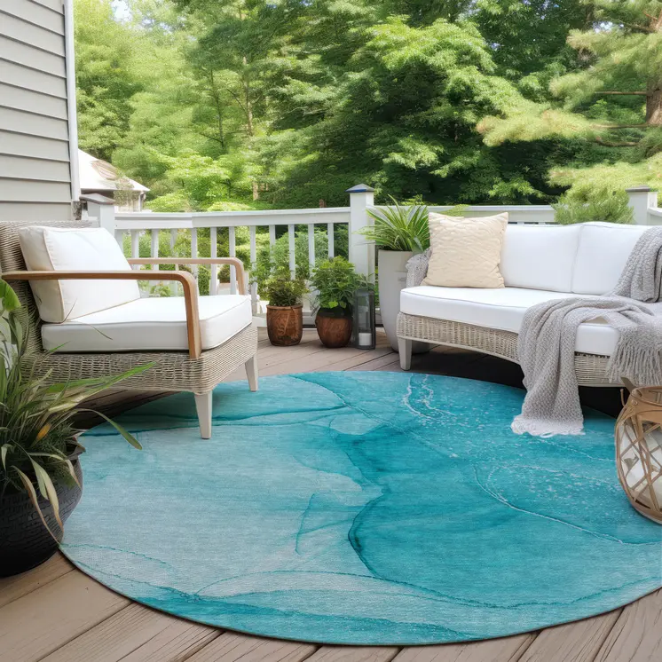 8' Round Teal Round Abstract Washable Non Skid Indoor Outdoor Area Rug
