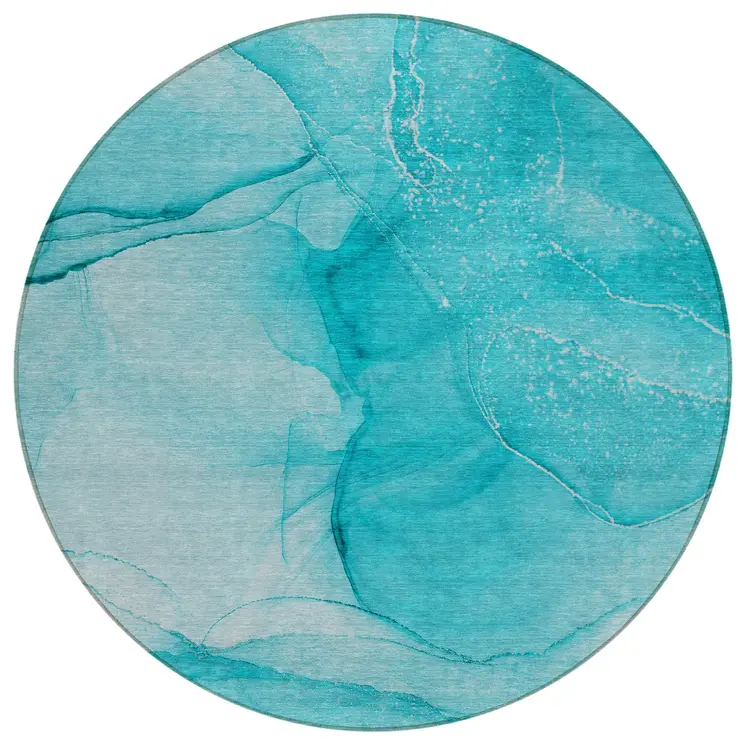 8' Round Teal Round Abstract Washable Non Skid Indoor Outdoor Area Rug