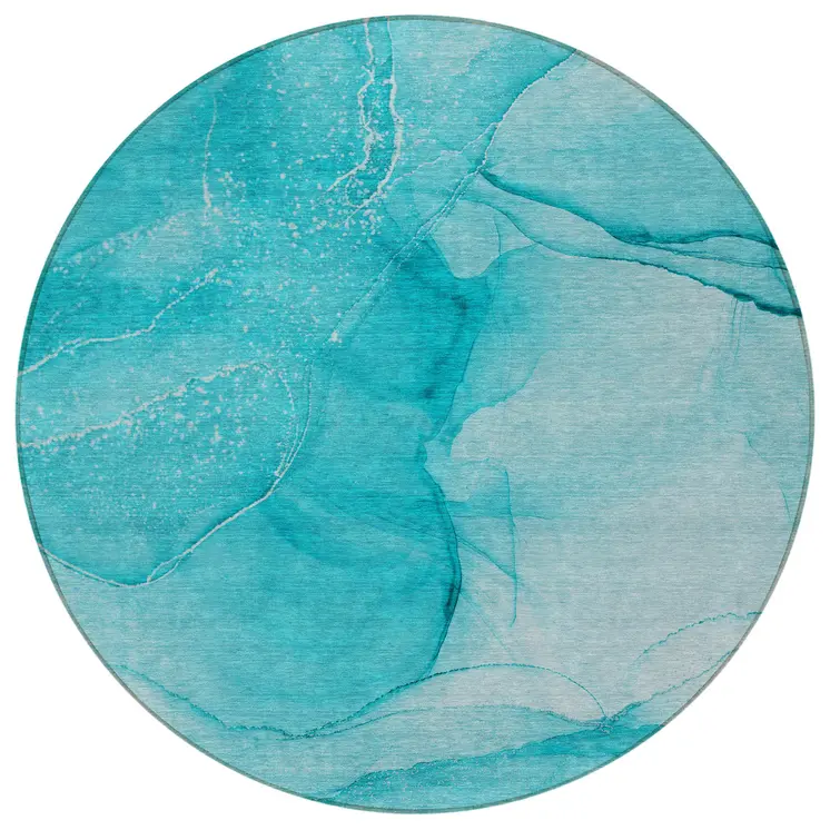 8' Round Teal Round Abstract Washable Non Skid Indoor Outdoor Area Rug