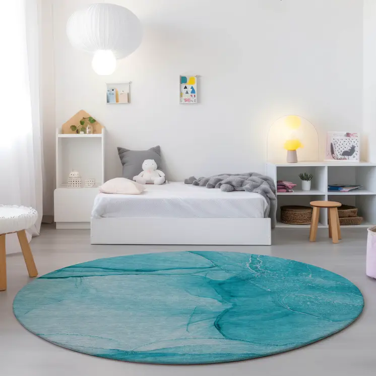 8' Round Teal Round Abstract Washable Non Skid Indoor Outdoor Area Rug