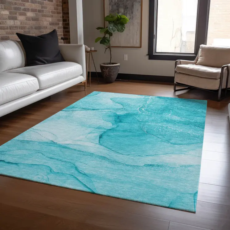 9' X 12' Teal Abstract Washable Non Skid Indoor Outdoor Area Rug