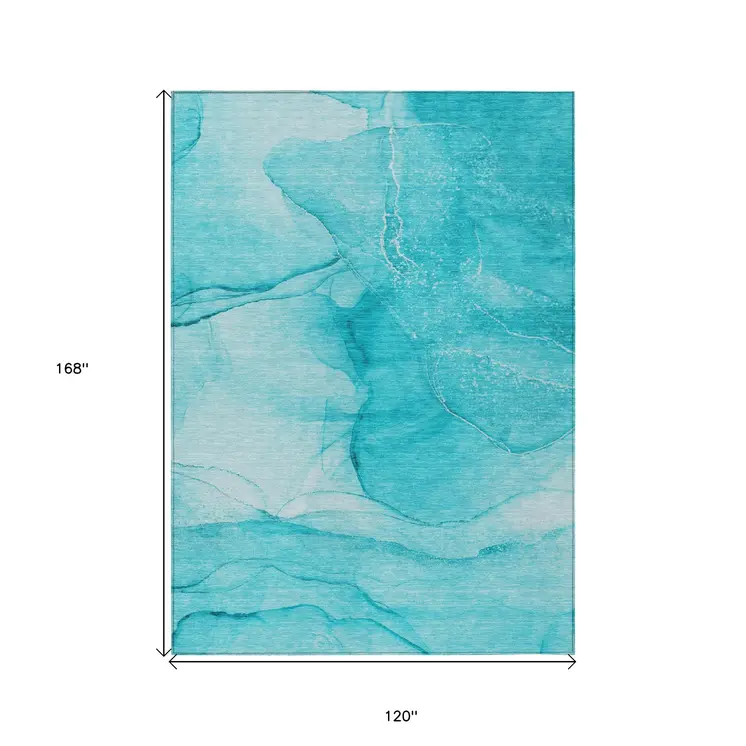 10' X 14' Teal Abstract Washable Non Skid Indoor Outdoor Area Rug