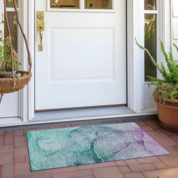 2' X 3' Green Abstract Washable Non Skid Indoor Outdoor Area Rug