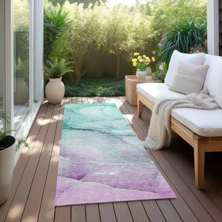 8' Runner Green Abstract Washable Non Skid Indoor Outdoor Runner Rug