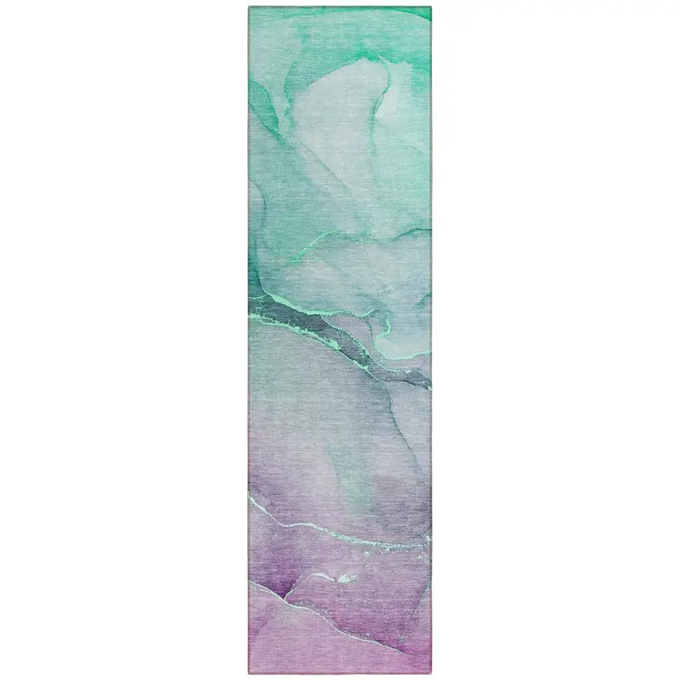 8' Runner Green Abstract Washable Non Skid Indoor Outdoor Runner Rug