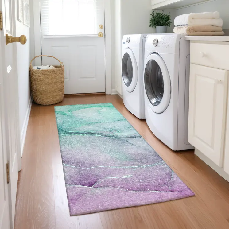 8' Runner Green Abstract Washable Non Skid Indoor Outdoor Runner Rug