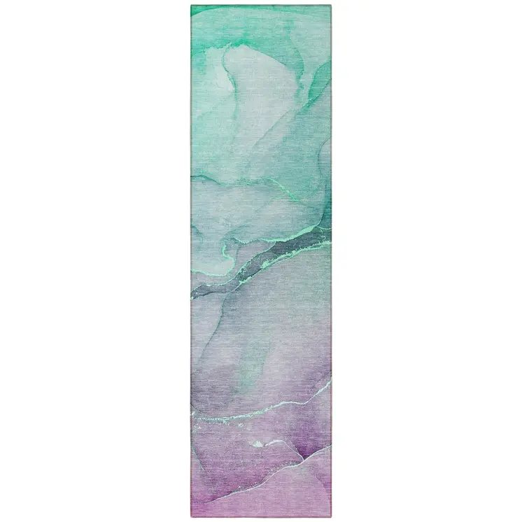 8' Runner Green Abstract Washable Non Skid Indoor Outdoor Runner Rug