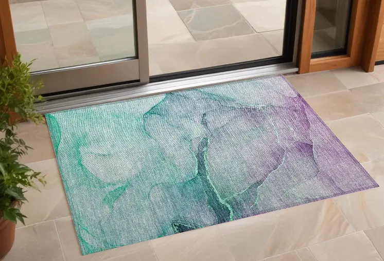 3' X 5' Green Abstract Washable Non Skid Indoor Outdoor Area Rug
