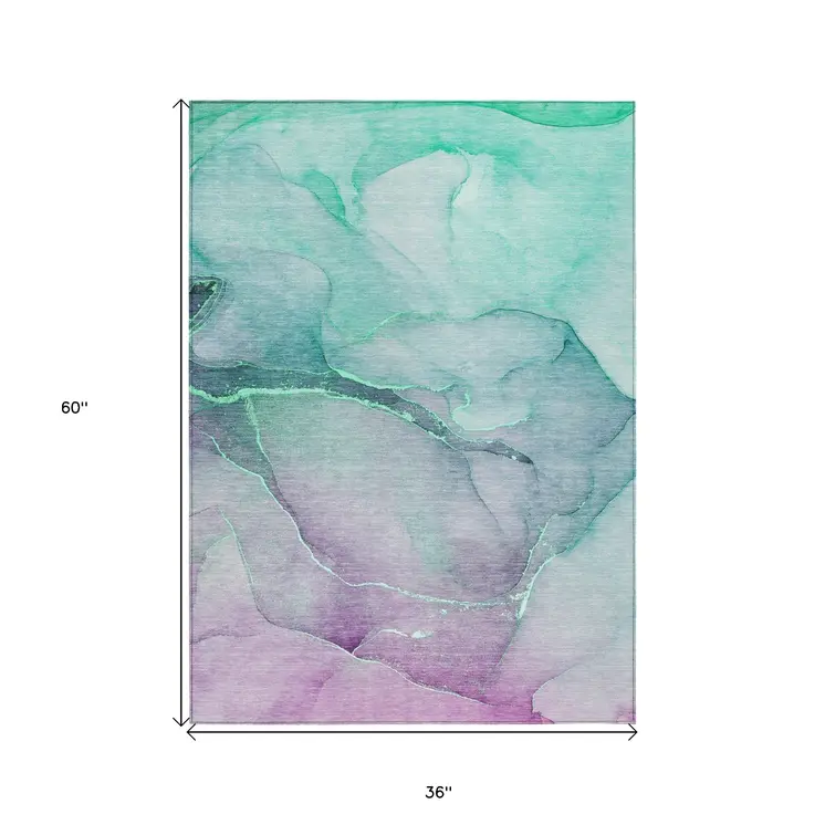 3' X 5' Green Abstract Washable Non Skid Indoor Outdoor Area Rug
