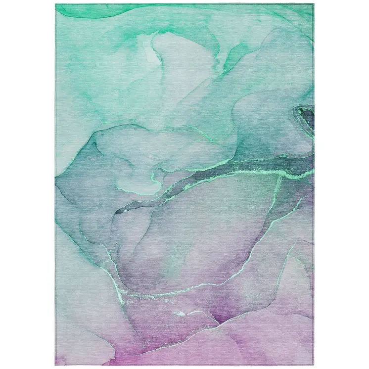 5' X 8' Green Abstract Washable Non Skid Indoor Outdoor Area Rug