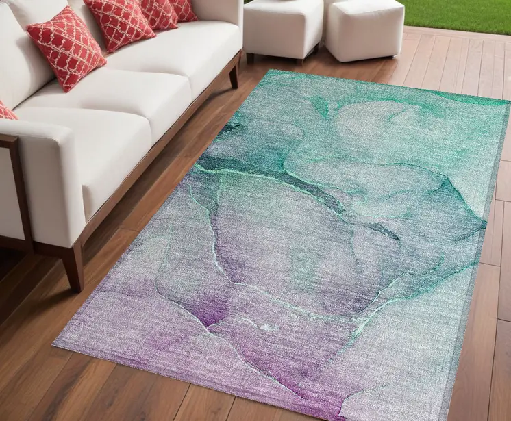 5' X 8' Green Abstract Washable Non Skid Indoor Outdoor Area Rug