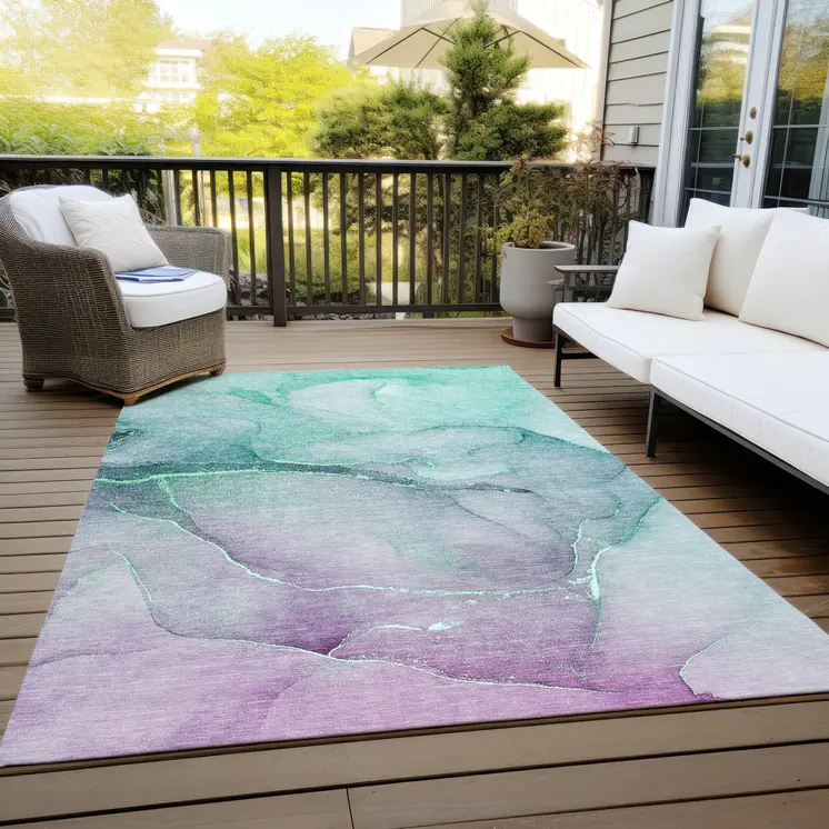 5' X 8' Green Abstract Washable Non Skid Indoor Outdoor Area Rug