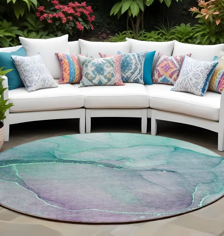 8' Round Green Round Abstract Washable Non Skid Indoor Outdoor Area Rug