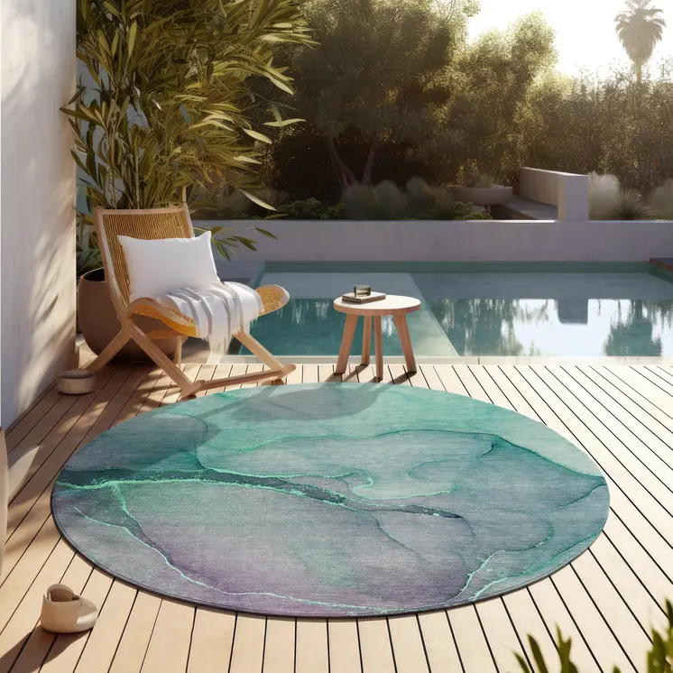 8' Round Green Round Abstract Washable Non Skid Indoor Outdoor Area Rug