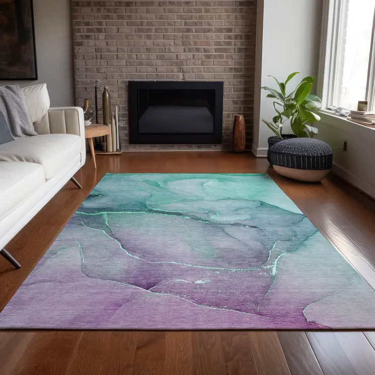 10' X 14' Teal and Purple Abstract Washable Indoor Outdoor Area Rug