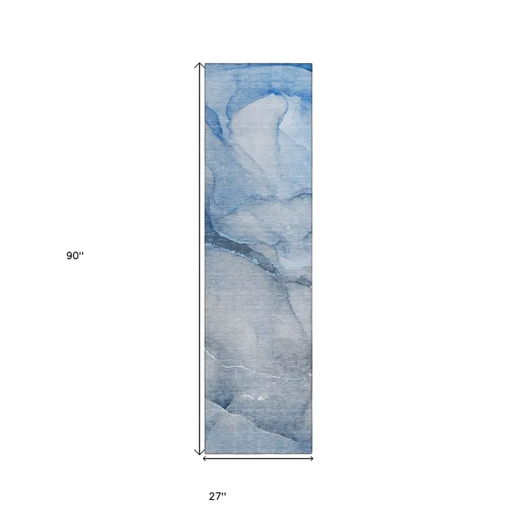 8' Runner Blue Abstract Washable Non Skid Indoor Outdoor Runner Rug