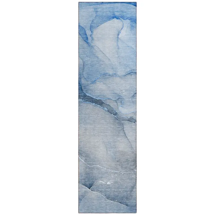 8' Runner Blue Abstract Washable Non Skid Indoor Outdoor Runner Rug